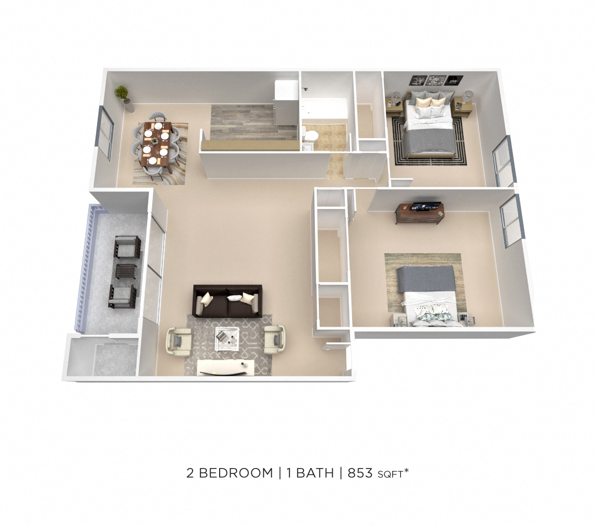 Floor plan for 2 beds, 1 bath, 853 sqft